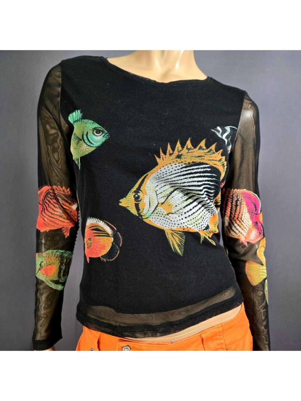 Vintage Y2K Apanage Mesh Top Black Colorful fish Print Long sleeve Size M Grunge